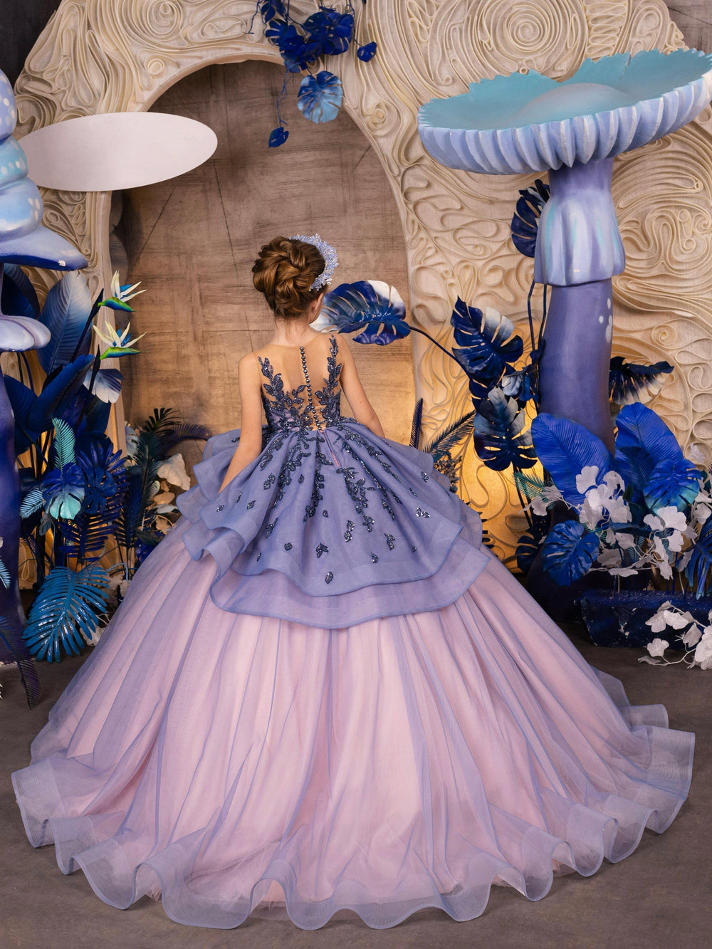 Sunnypetal Purple Timeless Appliques Sequins Long Tulle Princess Ball-Gown Flower Girl Dresses