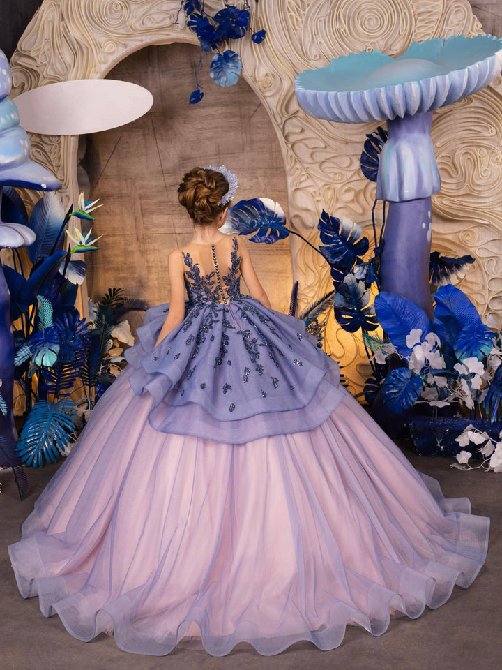 Sunnypetal Purple Timeless Appliques Sequins Long Tulle Princess Ball-Gown Flower Girl Dresses