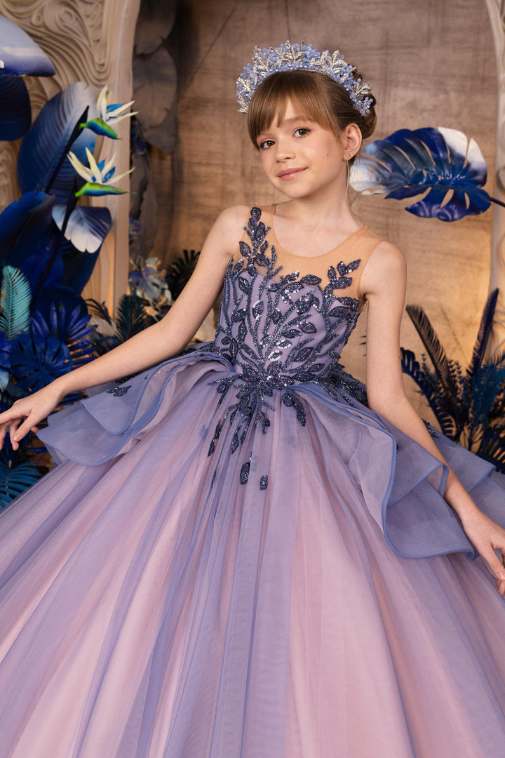 Sunnypetal Purple Timeless Appliques Sequins Long Tulle Princess Ball-Gown Flower Girl Dresses