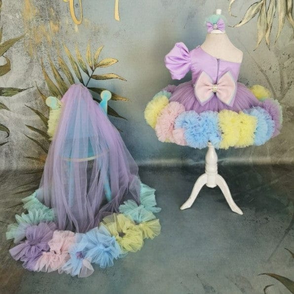 Sunnypetal Rainbow One-Shoulder Knee-Length Flower Girl Dress Pageant Prom Birthday Dress