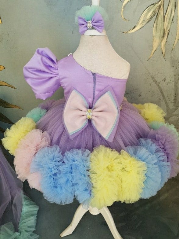 Sunnypetal Rainbow One-Shoulder Knee-Length Flower Girl Dress Pageant Prom Birthday Dress