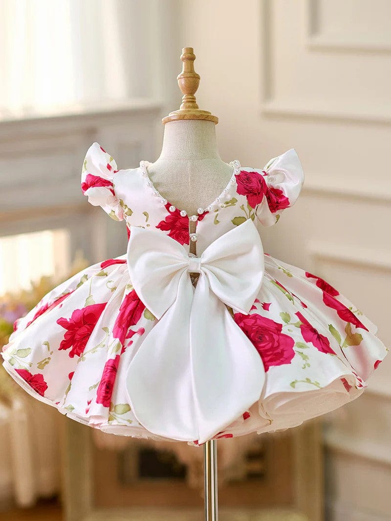 Sunnypetal Red Floral Puff Sleeve Knee-Length Flower Girl Dress
