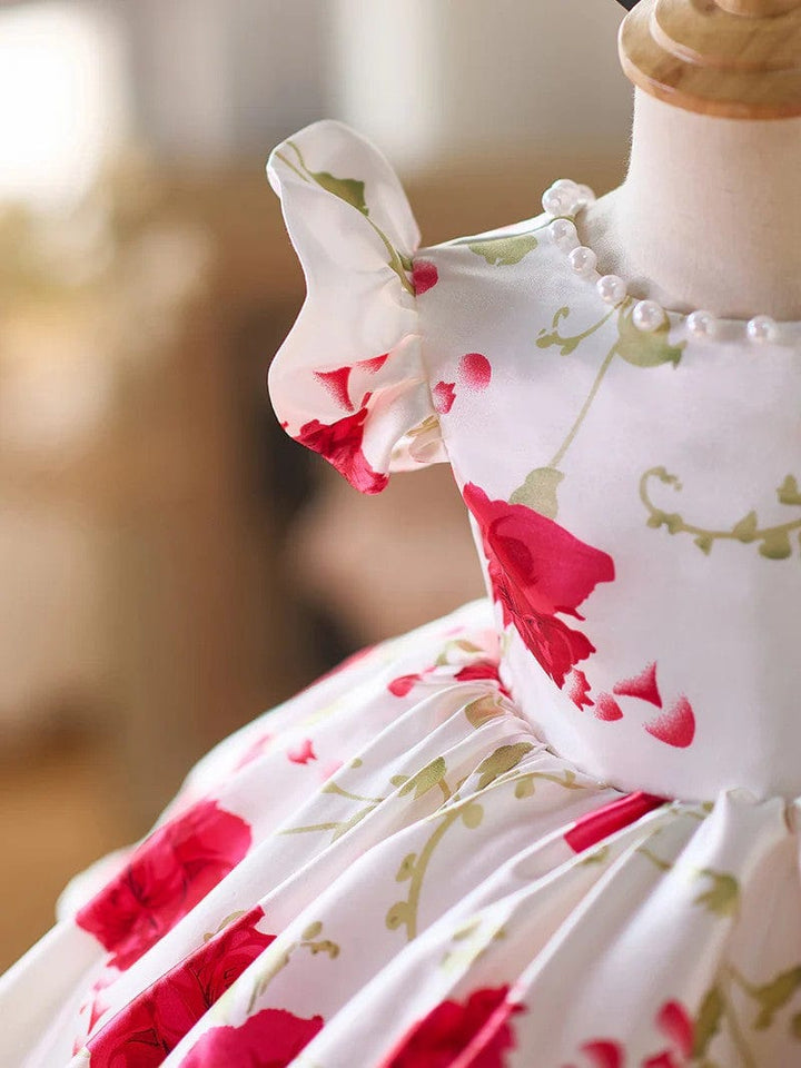 Sunnypetal Red Floral Puff Sleeve Knee-Length Flower Girl Dress