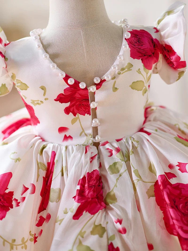 Sunnypetal Red Floral Puff Sleeve Knee-Length Flower Girl Dress