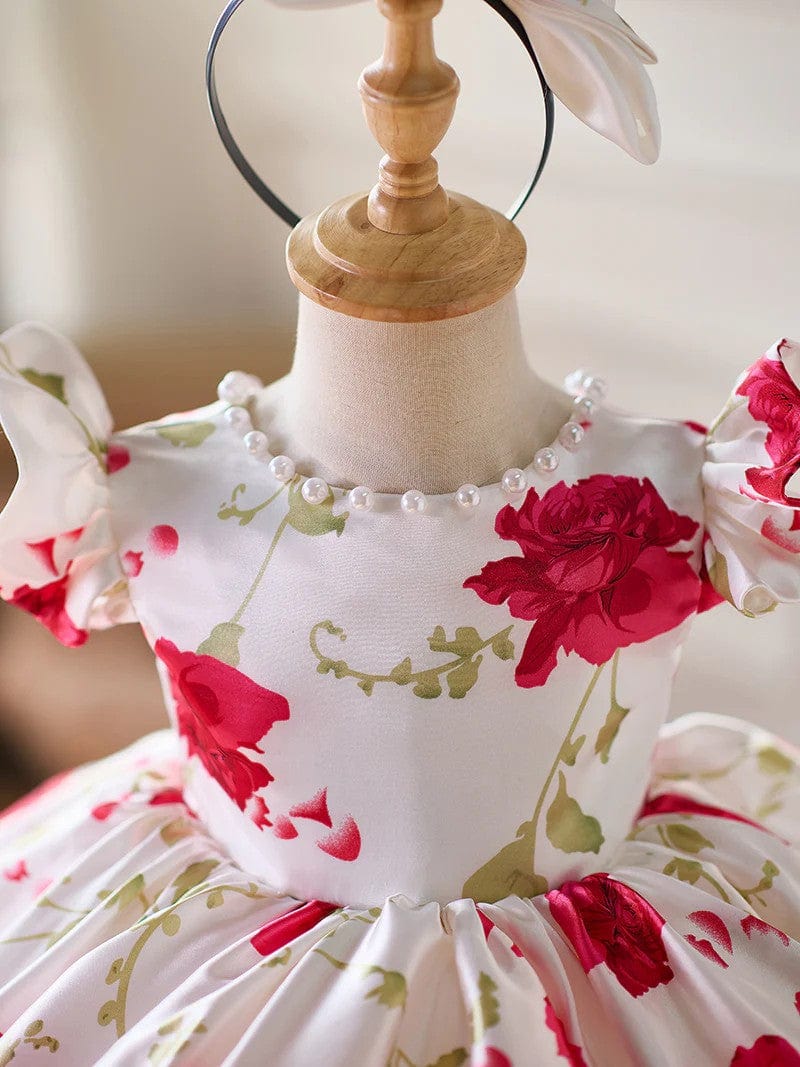Sunnypetal Red Floral Puff Sleeve Knee-Length Flower Girl Dress