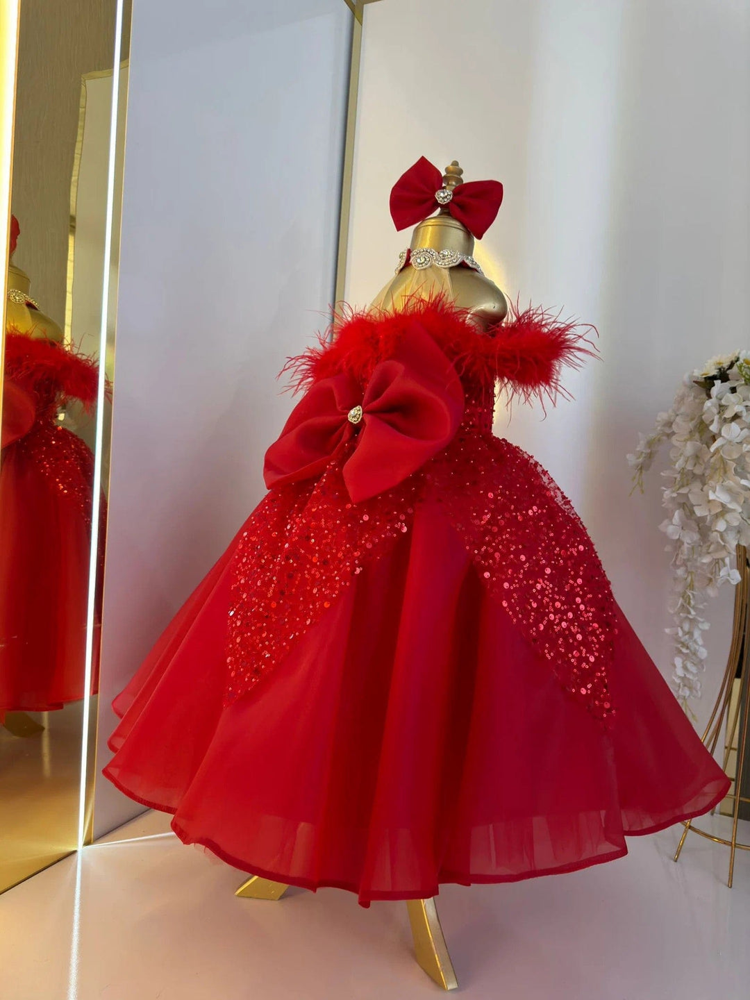 Sunnypetal Red Puffy Feathers Sequin Wedding Pageant Prom Flower Girl Dresses