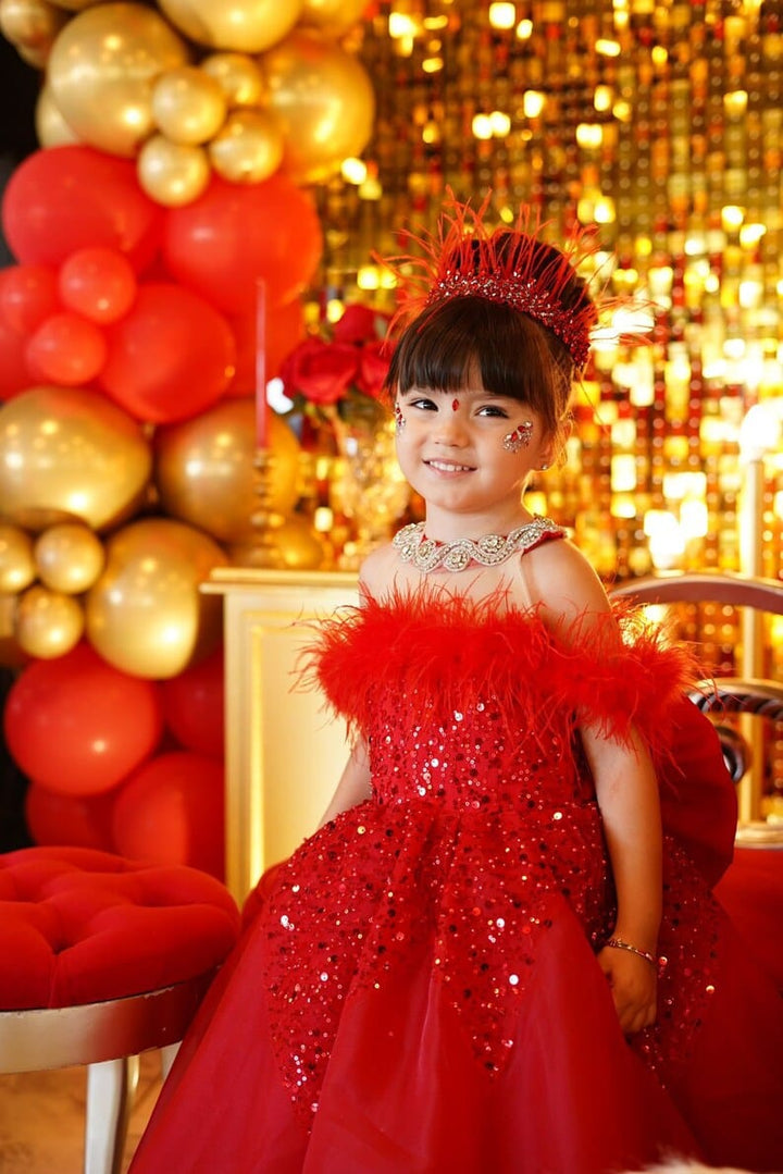 Sunnypetal Red Puffy Feathers Sequin Wedding Pageant Prom Flower Girl Dresses