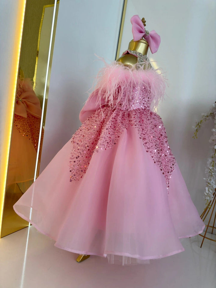 Sunnypetal Red Puffy Feathers Sequin Wedding Pageant Prom Flower Girl Dresses