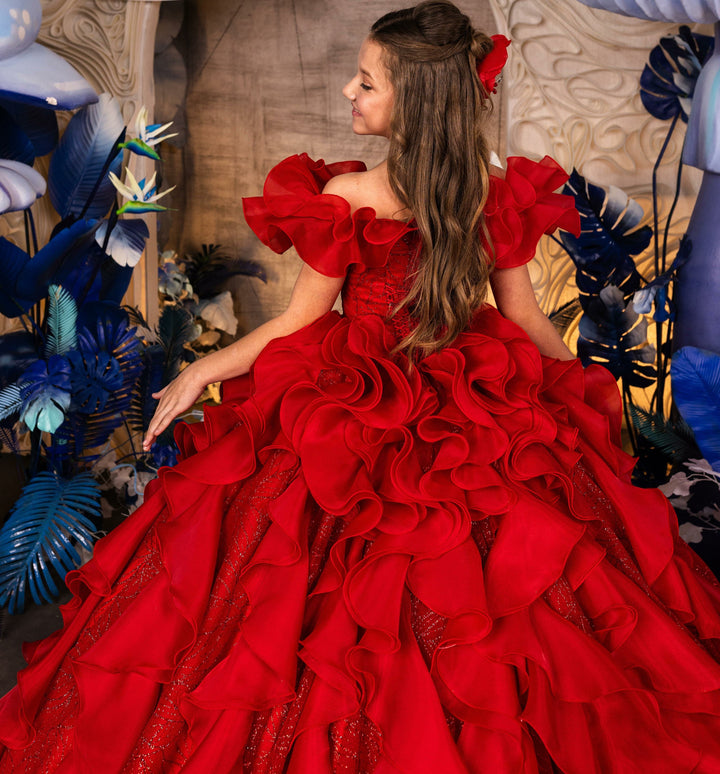 Sunnypetal Red Ruffled Princess Ball Gown with Sparkling Tulle and 3D Floral Details