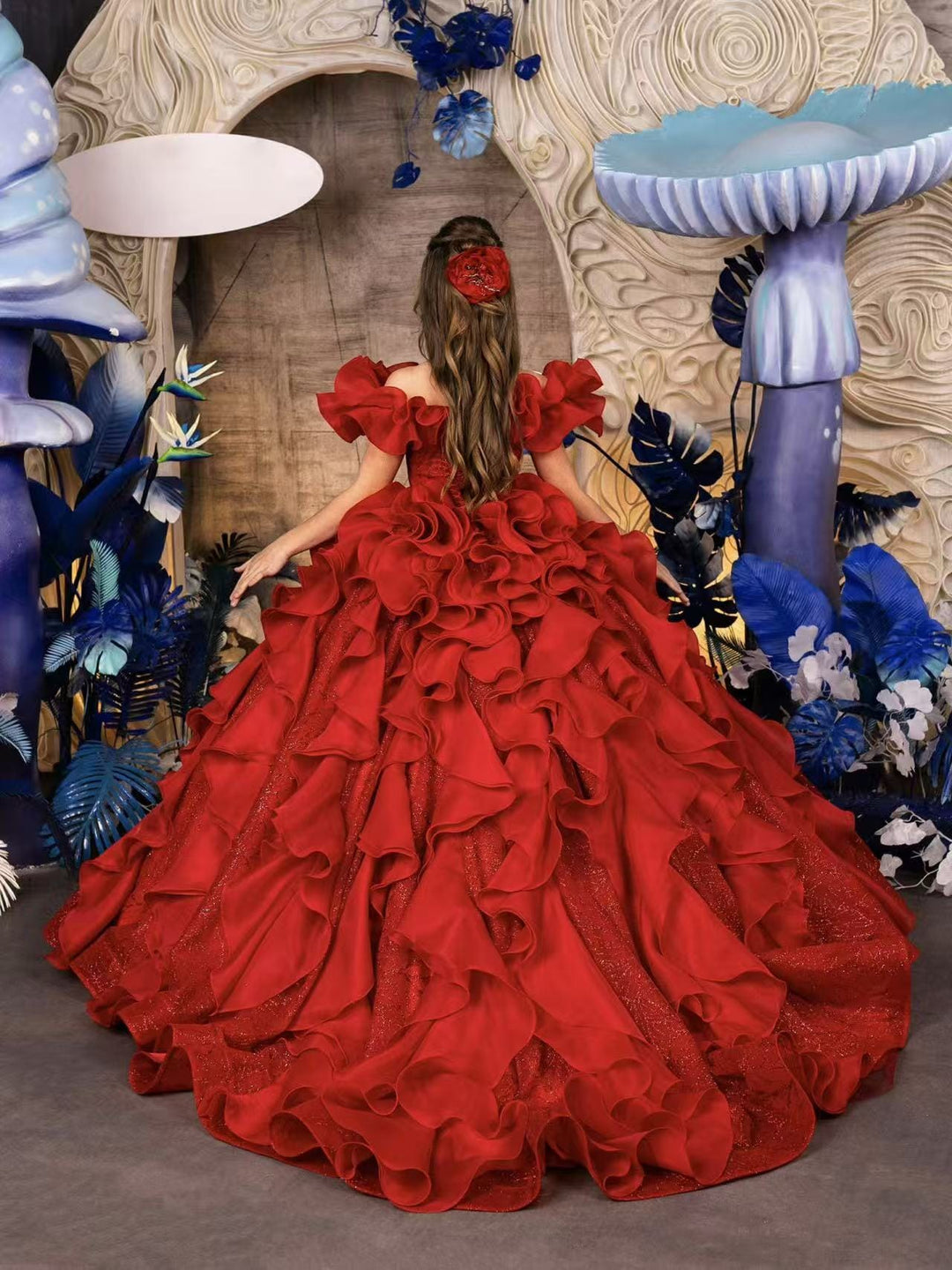 Sunnypetal Red Ruffled Princess Ball Gown with Sparkling Tulle and 3D Floral Details