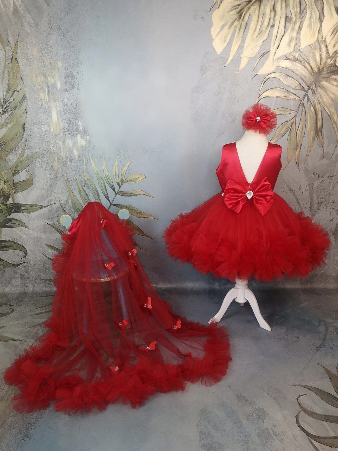 Sunnypetal Red Satin Sleeveless Butterfly Tulle Flower Girl Dresses with Rhinestones&Bow