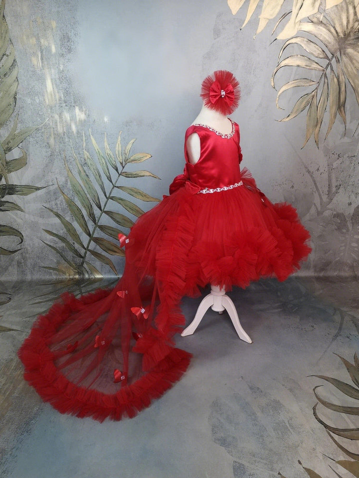 Sunnypetal Red Satin Sleeveless Butterfly Tulle Flower Girl Dresses with Rhinestones&Bow