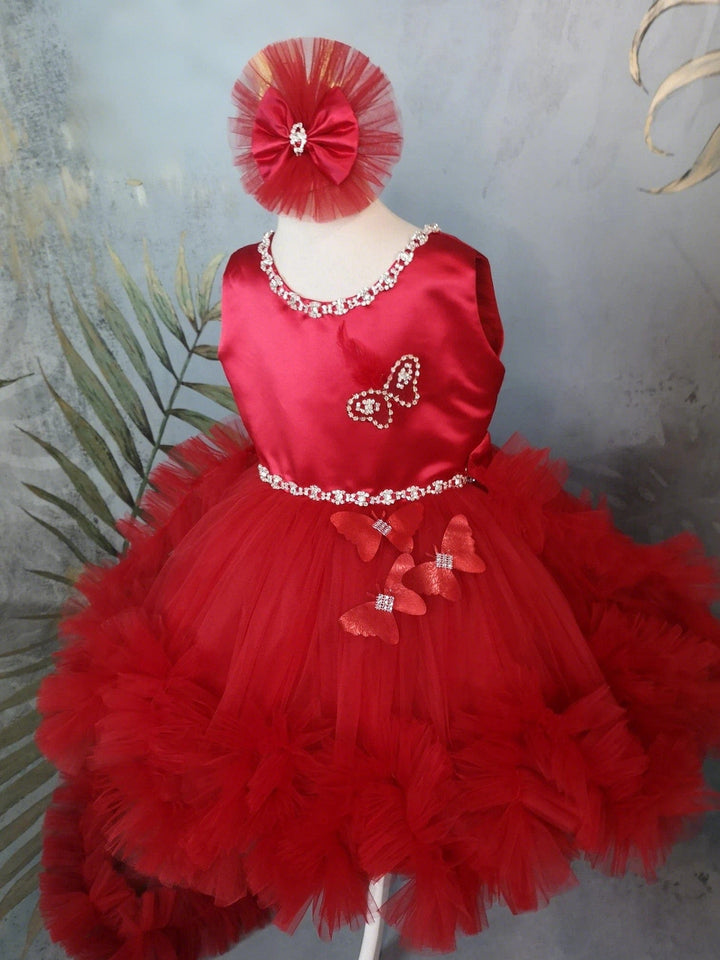 Sunnypetal Red Satin Sleeveless Butterfly Tulle Flower Girl Dresses with Rhinestones&Bow