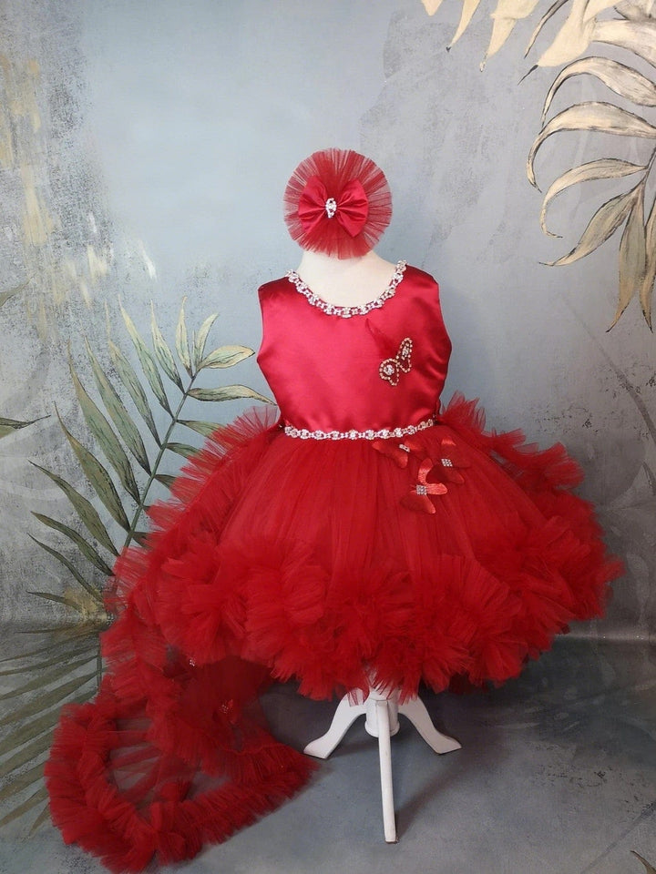 Sunnypetal Red Satin Sleeveless Butterfly Tulle Flower Girl Dresses with Rhinestones&Bow
