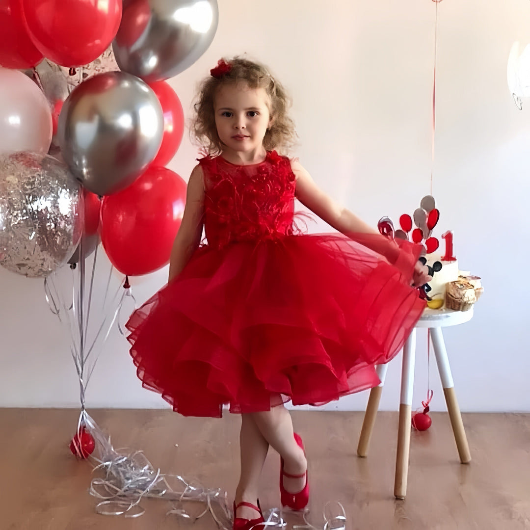 Sunnypetal Red Sleeveless Lace Flowers Feathers Ball-Gown Flower Girl Dresses