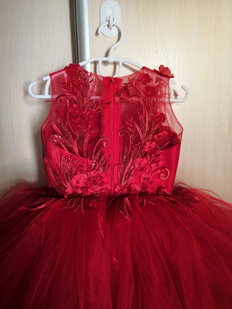Sunnypetal Red Sleeveless Lace Flowers Feathers Ball-Gown Flower Girl Dresses