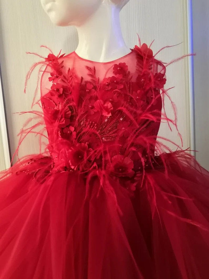 Sunnypetal Red Sleeveless Lace Flowers Feathers Ball-Gown Flower Girl Dresses