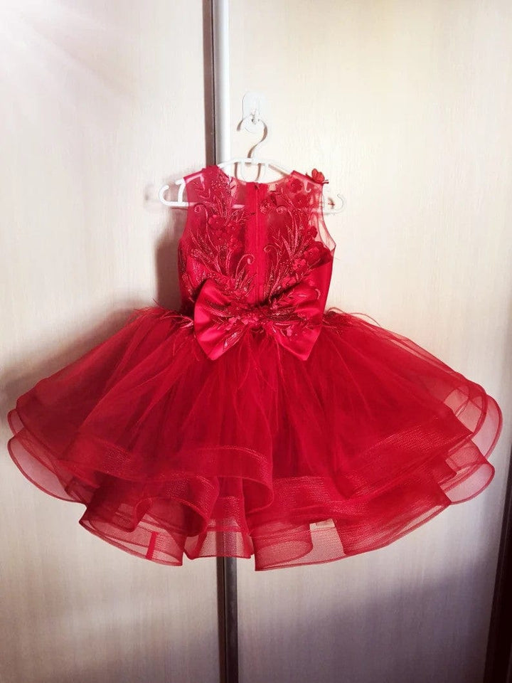 Sunnypetal Red Sleeveless Lace Flowers Feathers Ball-Gown Flower Girl Dresses