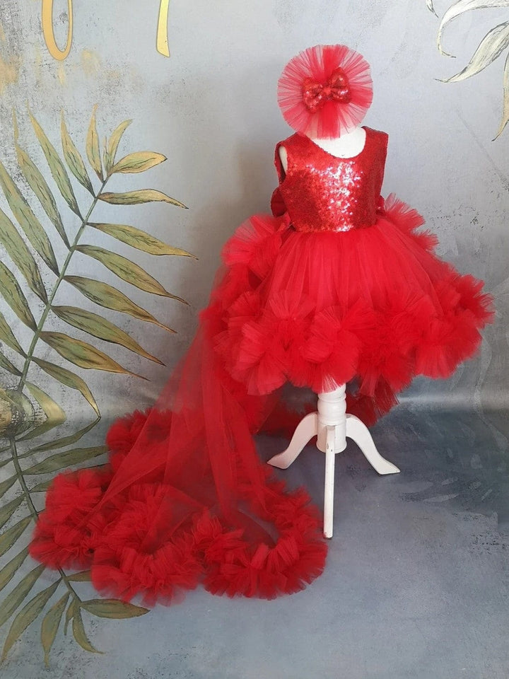 Sunnypetal Red Sleeveless Sequin Flower Girl Princess Dresses with Detachable Train
