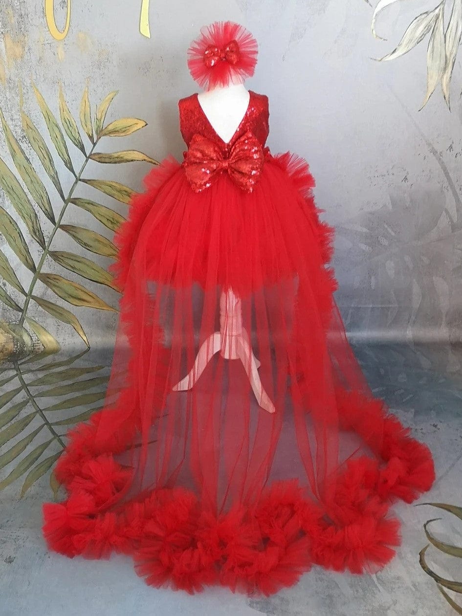 Sunnypetal Red Sleeveless Sequin Flower Girl Princess Dresses with Detachable Train