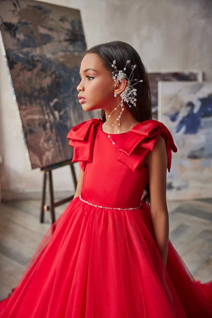 Sunnypetal Red Tulle Flower Girl Dress Satin Bodice Sleeveless Bows for Special Occasion
