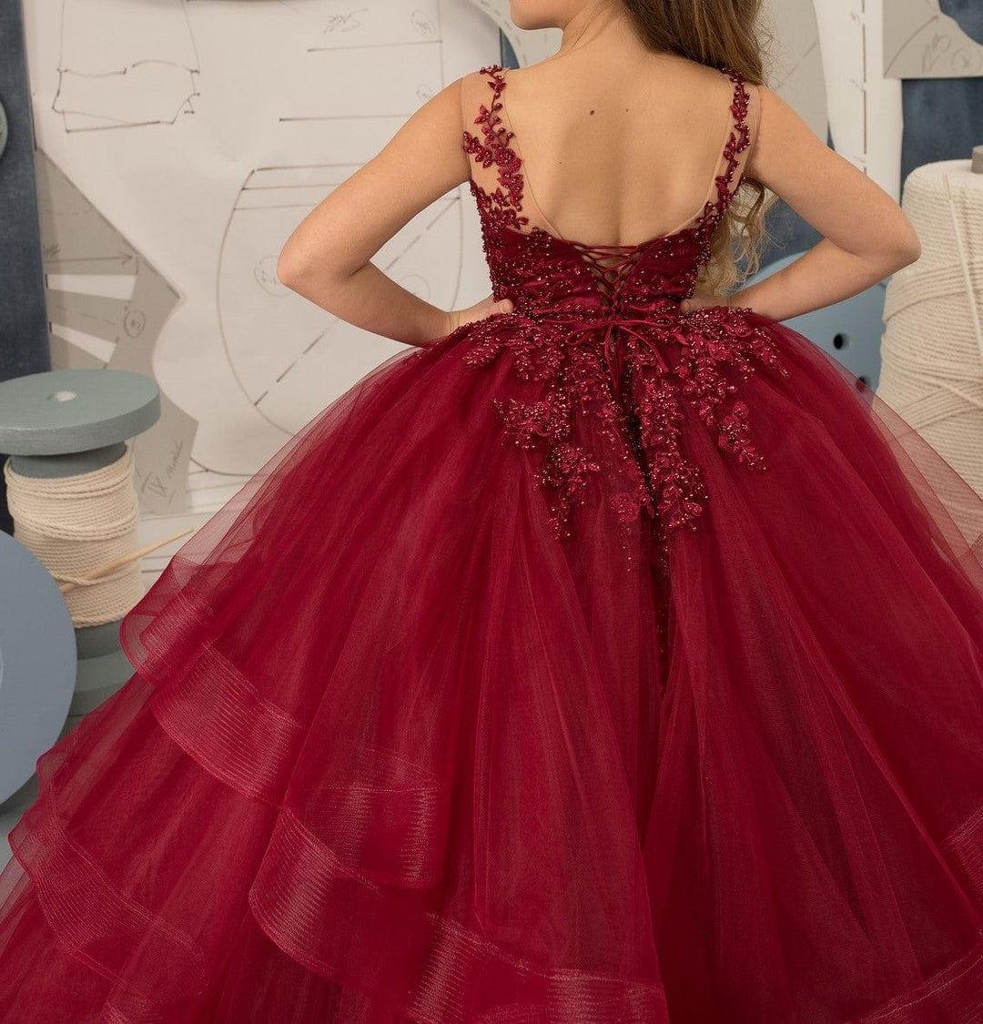 Sunnypetal Red Tulle Lace Appliques Beading Ball Gown Flower Girl Dresses