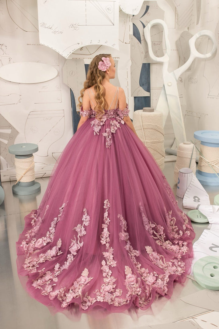 Sunnypetal Rosy Mauve Off-The-Shoulder 3D Floral Appliques Tulle Flower Girl Gown