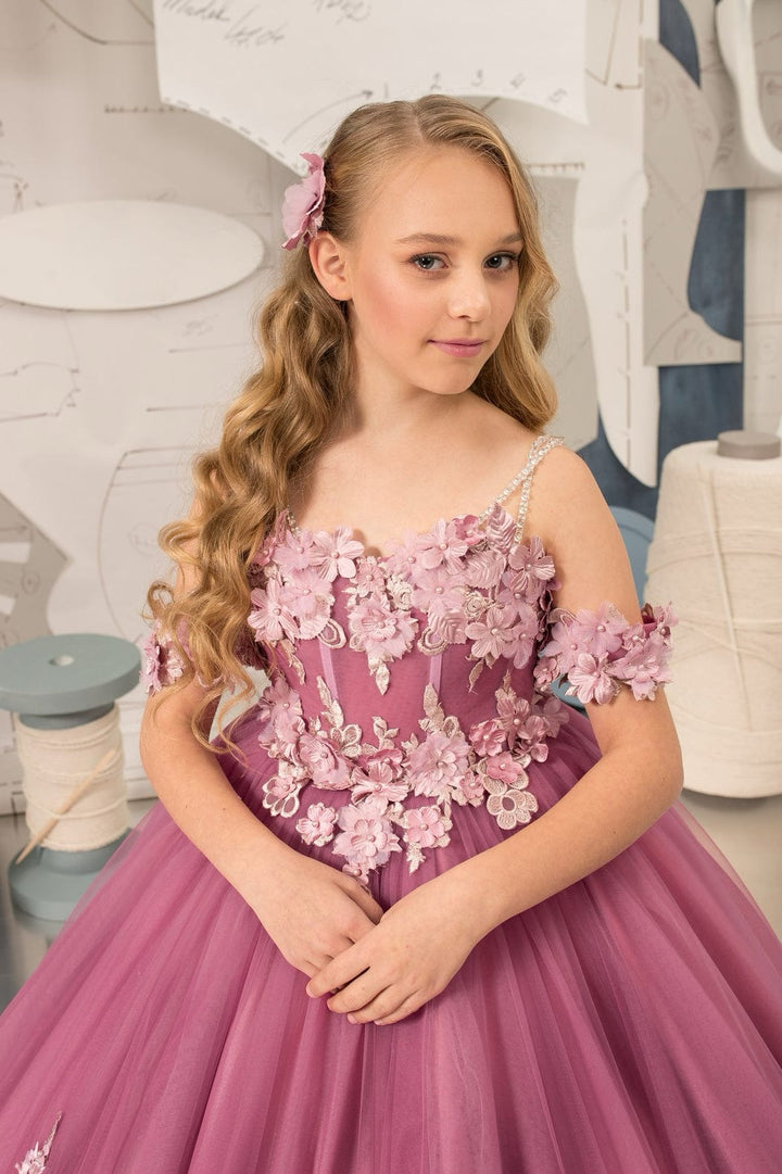 Sunnypetal Rosy Mauve Off-The-Shoulder 3D Floral Appliques Tulle Flower Girl Gown