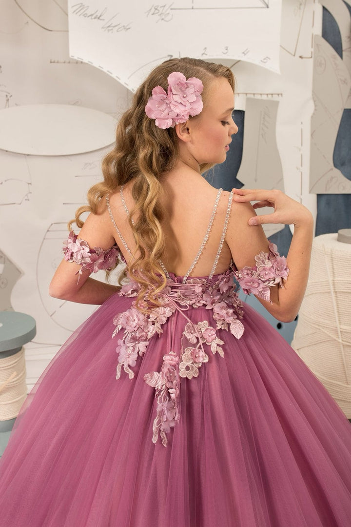 Sunnypetal Rosy Mauve Off-The-Shoulder 3D Floral Appliques Tulle Flower Girl Gown