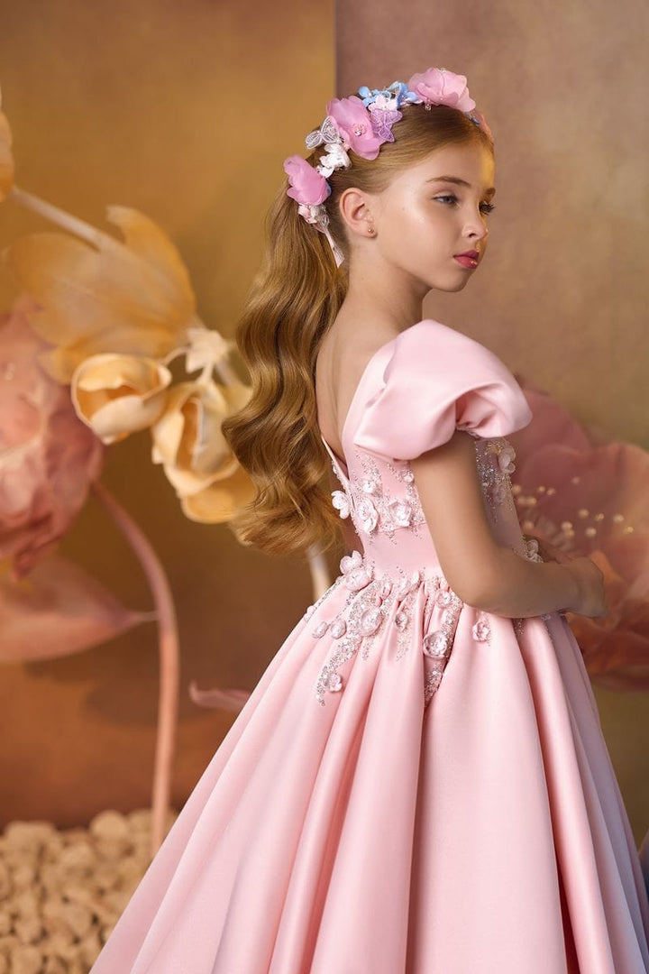 Sunnypetal Royal Blossom Puff-Sleeve Flower Girl Gown with Elegant Train