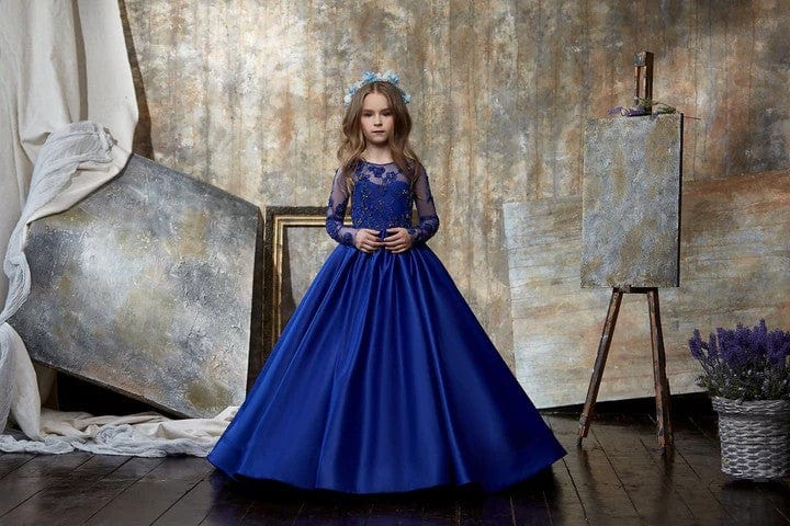 Sunnypetal Royal Blue Satin Dress Long Sleeves Appliques Beading Ball-Gown Dress for Little Girls