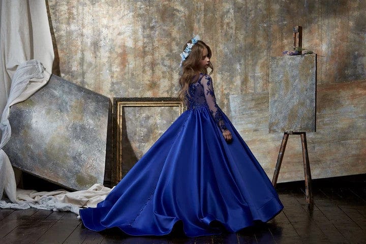 Sunnypetal Royal Blue Satin Dress Long Sleeves Appliques Beading Ball-Gown Dress for Little Girls