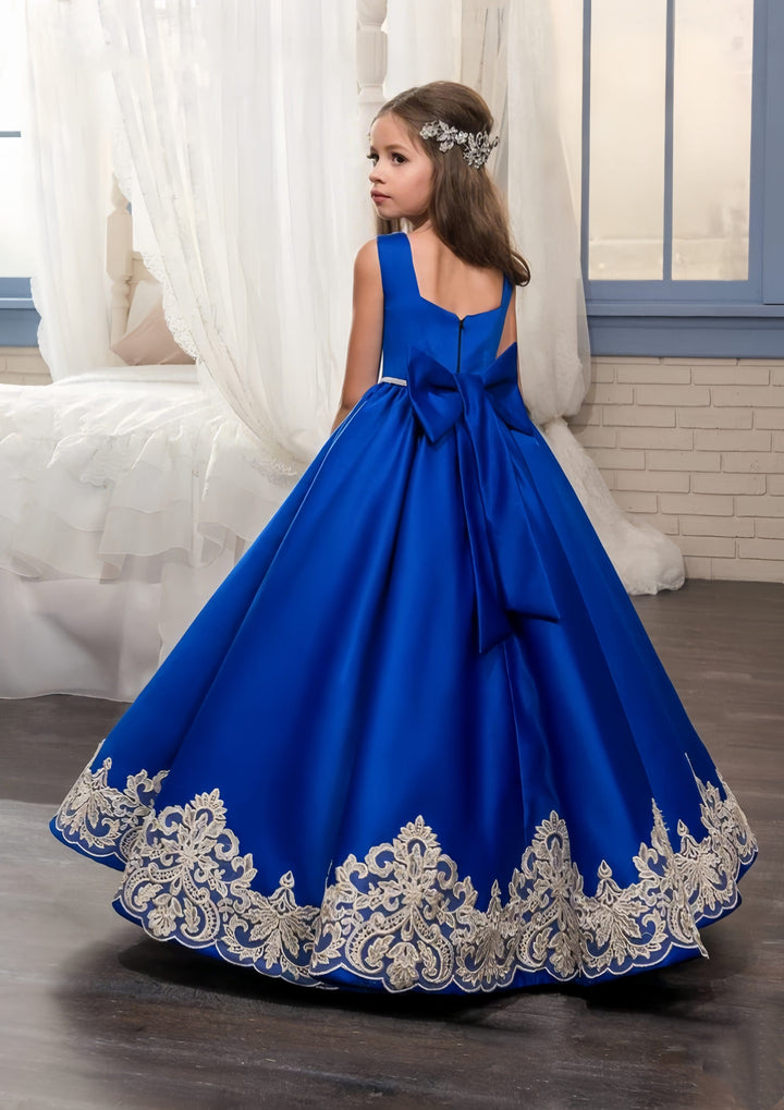 Sunnypetal Royal Blue Satin Flower Girl Dress Lace Appliques Wedding Party Pageant Dresses