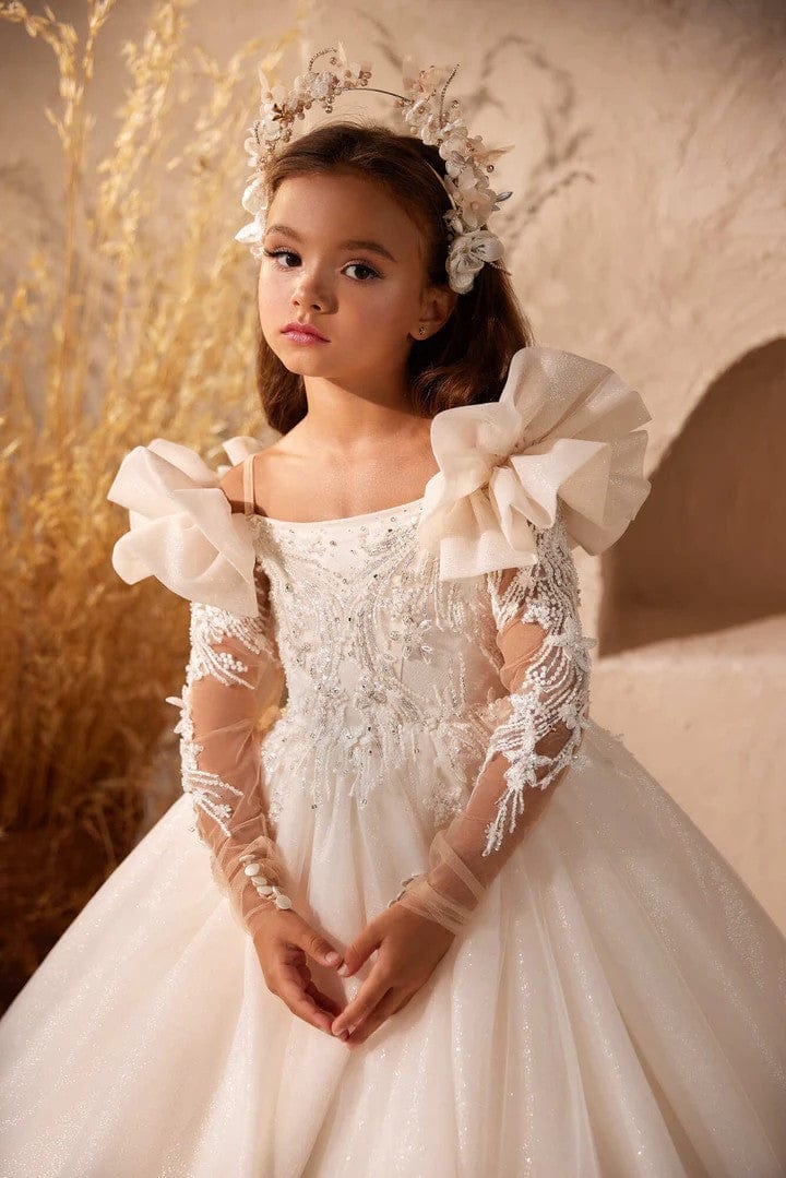 Sunnypetal Ruffled Shoulders Long Sleeves Lace Appliques Glitter Tulle Flower Girl Dresses