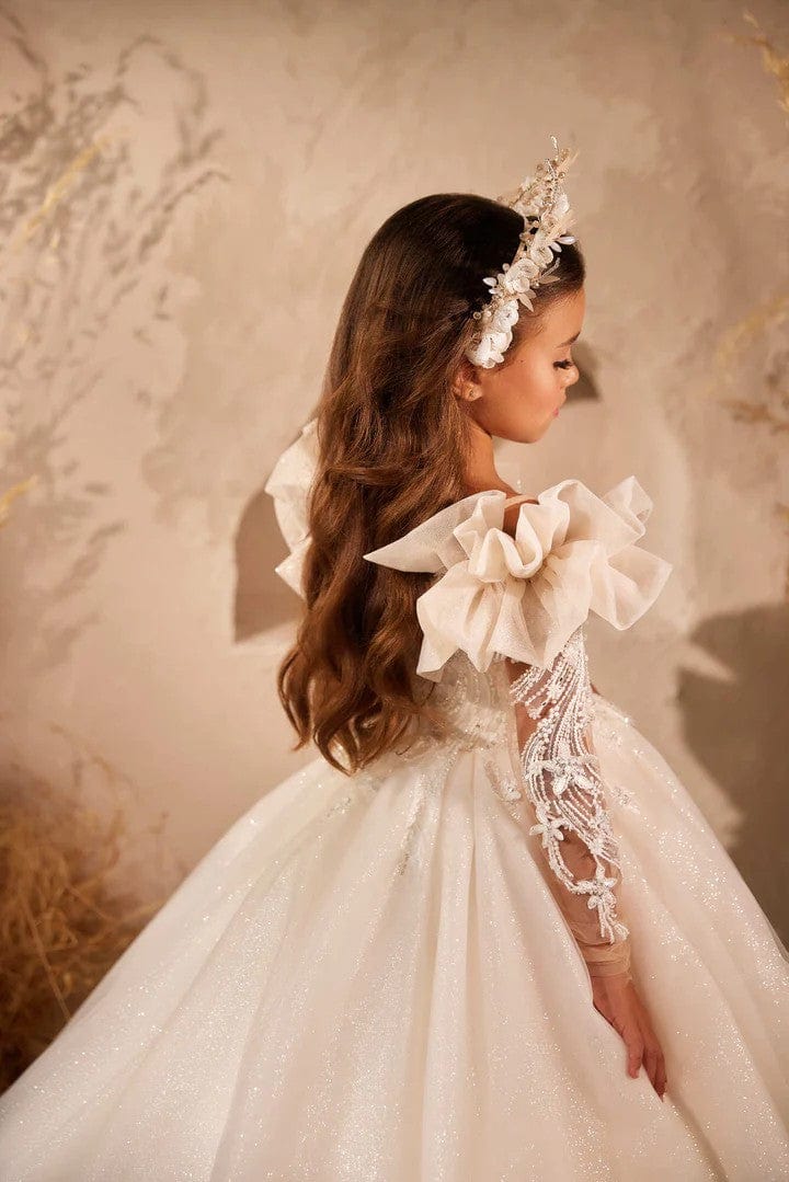 Sunnypetal Ruffled Shoulders Long Sleeves Lace Appliques Glitter Tulle Flower Girl Dresses