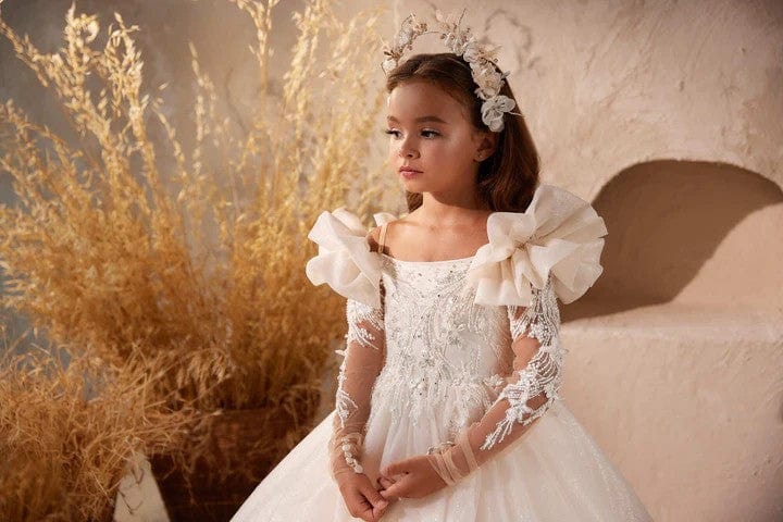 Sunnypetal Ruffled Shoulders Long Sleeves Lace Appliques Glitter Tulle Flower Girl Dresses