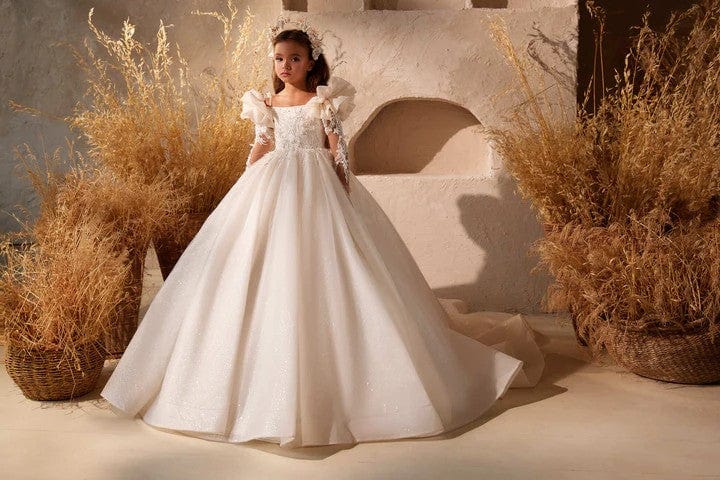 Sunnypetal Ruffled Shoulders Long Sleeves Lace Appliques Glitter Tulle Flower Girl Dresses