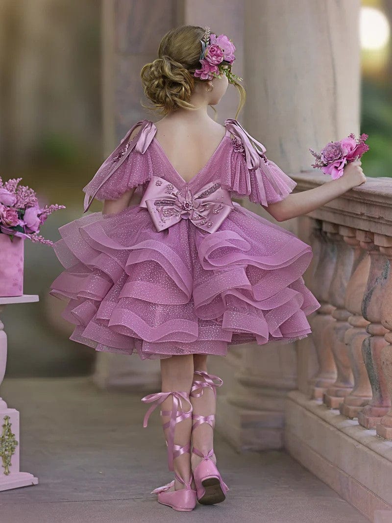 Sunnypetal Ruffles Tiered Tulle Knee-Length Ball-Gown Birthday Pageant Flower Girl Dress