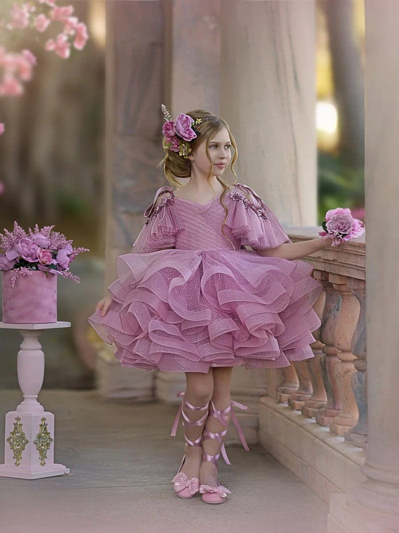 Sunnypetal Ruffles Tiered Tulle Knee-Length Ball-Gown Birthday Pageant Flower Girl Dress
