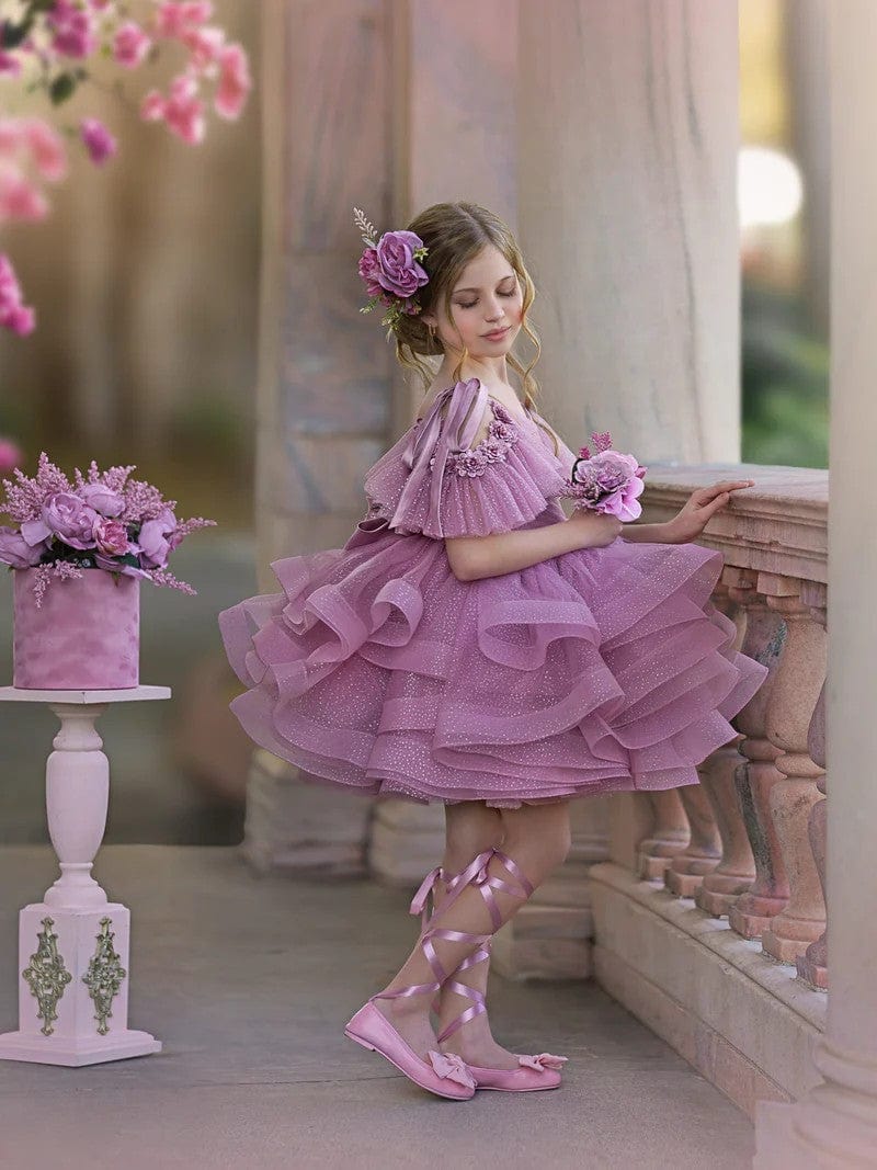 Sunnypetal Ruffles Tiered Tulle Knee-Length Ball-Gown Birthday Pageant Flower Girl Dress