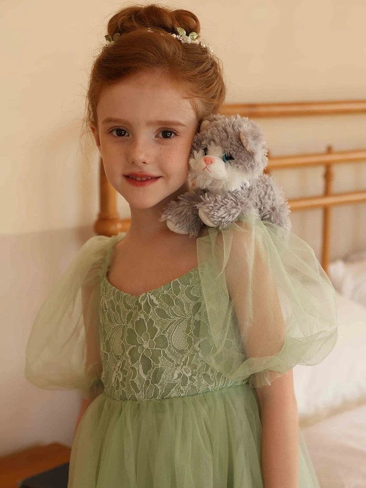 Sunnypetal Sage Green A-Line/Princess V-Neck Puff Sleeves Tulle Flower Girl Dresses