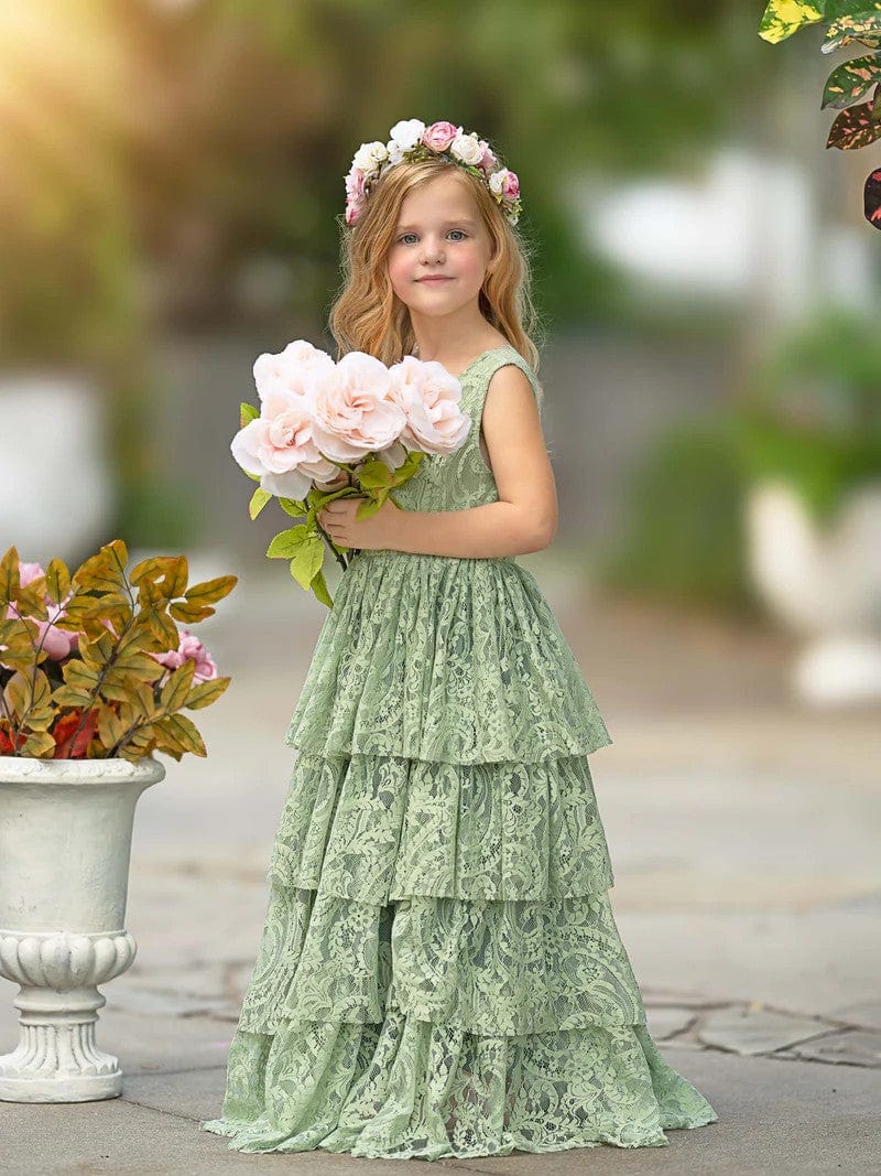 Sunnypetal Sage Green Boho Layered Lace A-Line Flower Girl Dresses