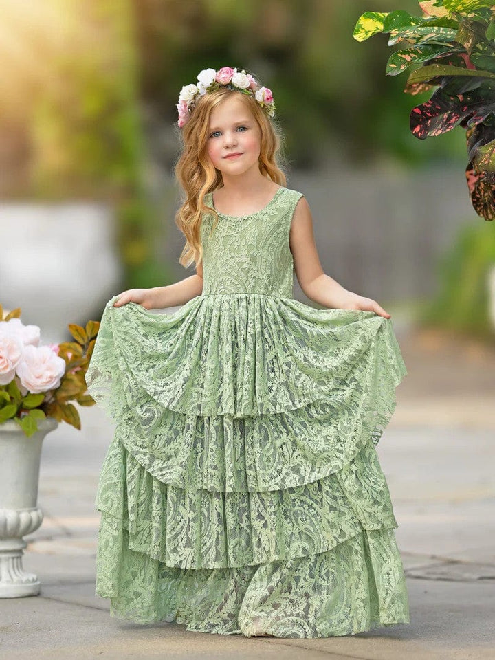 Sunnypetal Sage Green Boho Layered Lace A-Line Flower Girl Dresses