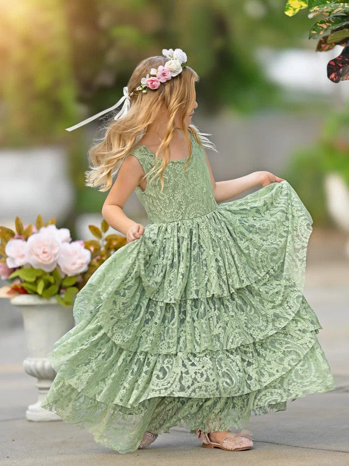 Sunnypetal Sage Green Boho Layered Lace A-Line Flower Girl Dresses
