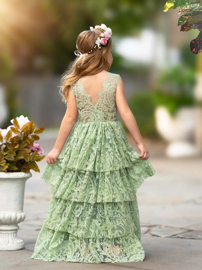 Sunnypetal Sage Green Boho Layered Lace A-Line Flower Girl Dresses