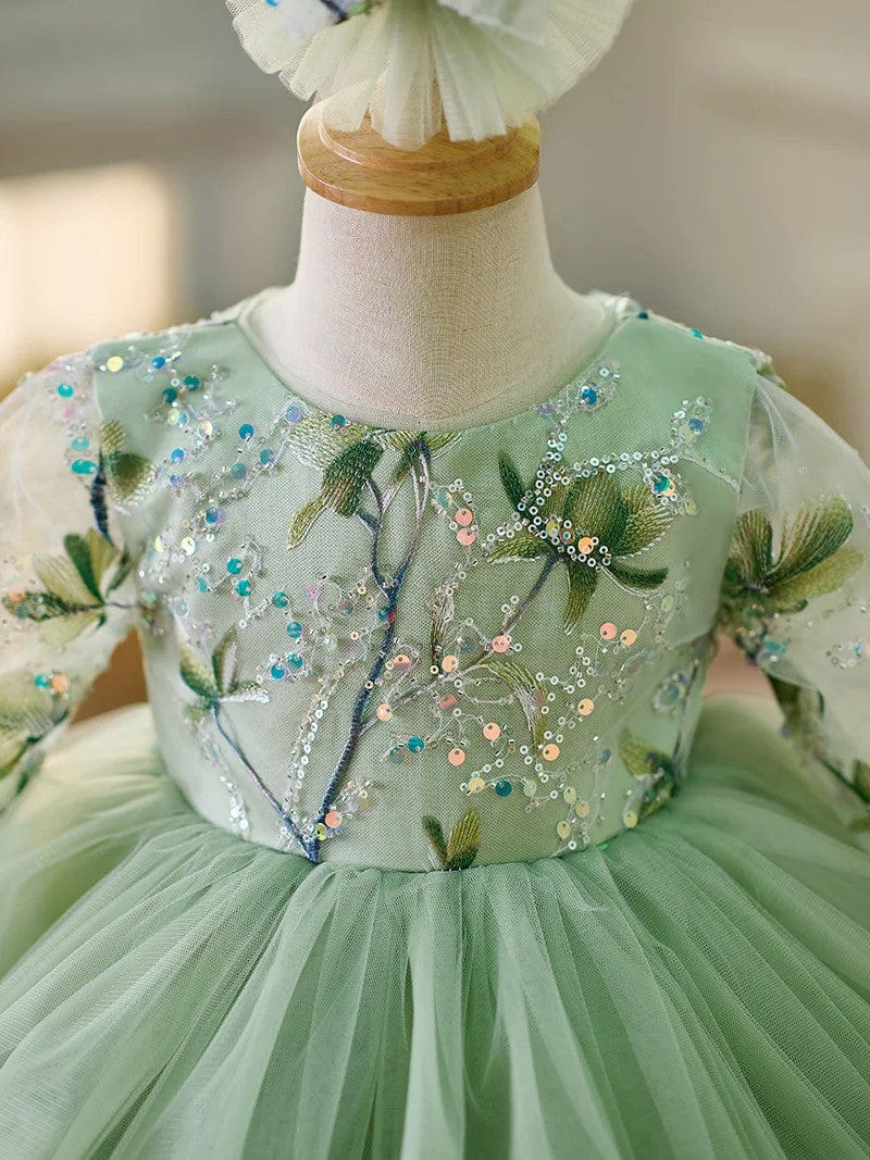 Sunnypetal Sage Green Long Sleeves Embroidery Appliques Tulle Flower Girl Dresses