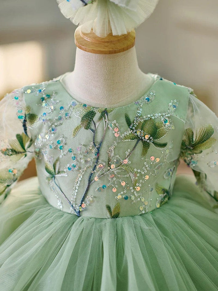Sunnypetal Sage Green Long Sleeves Embroidery Appliques Tulle Flower Girl Dresses