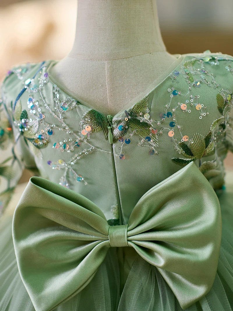 Sunnypetal Sage Green Long Sleeves Embroidery Appliques Tulle Flower Girl Dresses