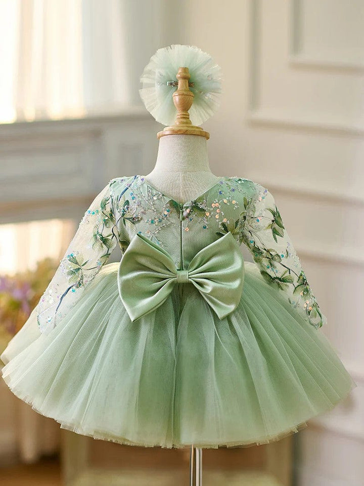 Sunnypetal Sage Green Long Sleeves Embroidery Appliques Tulle Flower Girl Dresses