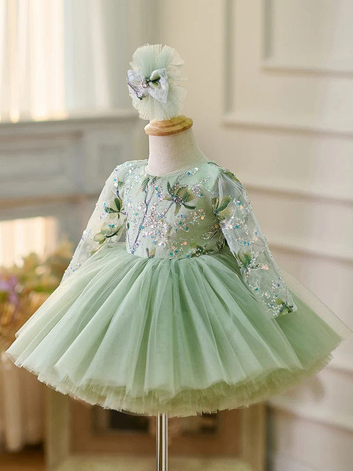 Sunnypetal Sage Green Long Sleeves Embroidery Appliques Tulle Flower Girl Dresses